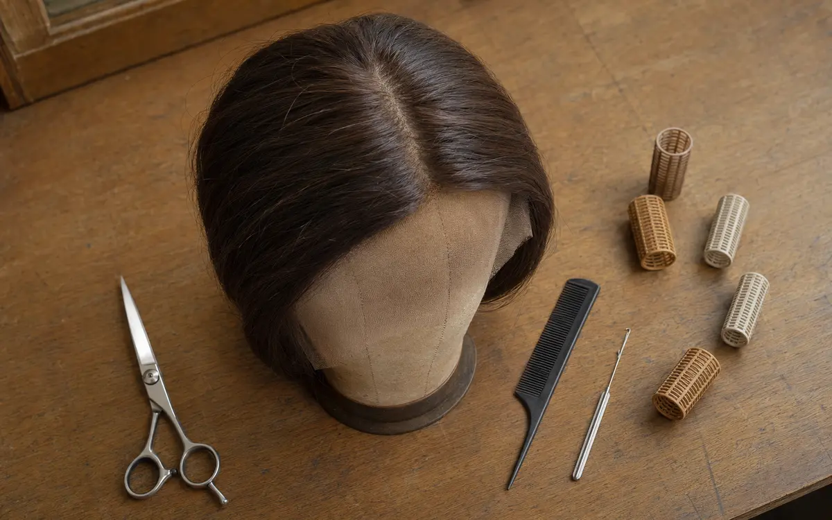 A macher's workstation with a sheitel on a canvas block stand and cutting styling and setting tools arranged neatly
