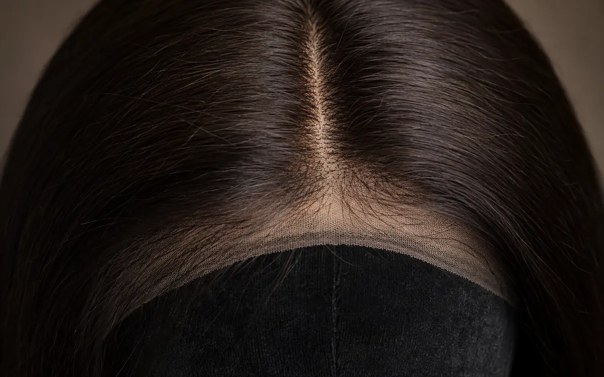 Close-up of a sheitel natural hairline and lace front showing the realism that distinguishes a wig from a fabric headscarf
