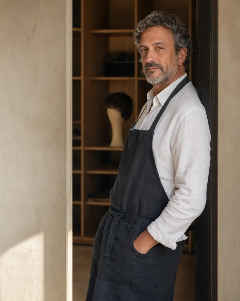 Illustrative portrait of a master wig designer in a Tel Aviv atelier