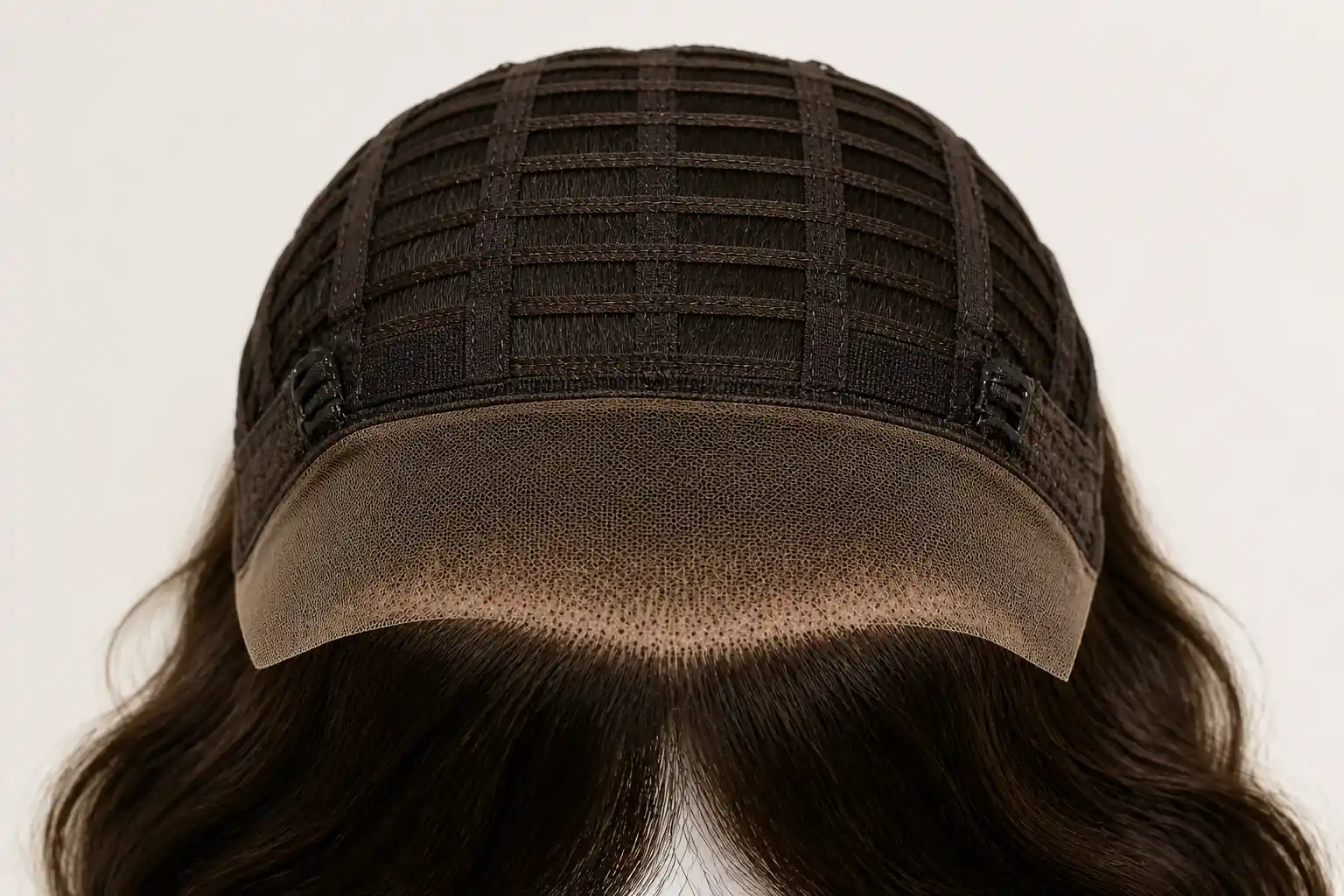 Inside view of a lace-front sheitel cap showing a translucent frontal panel extending temple to temple along the hairline