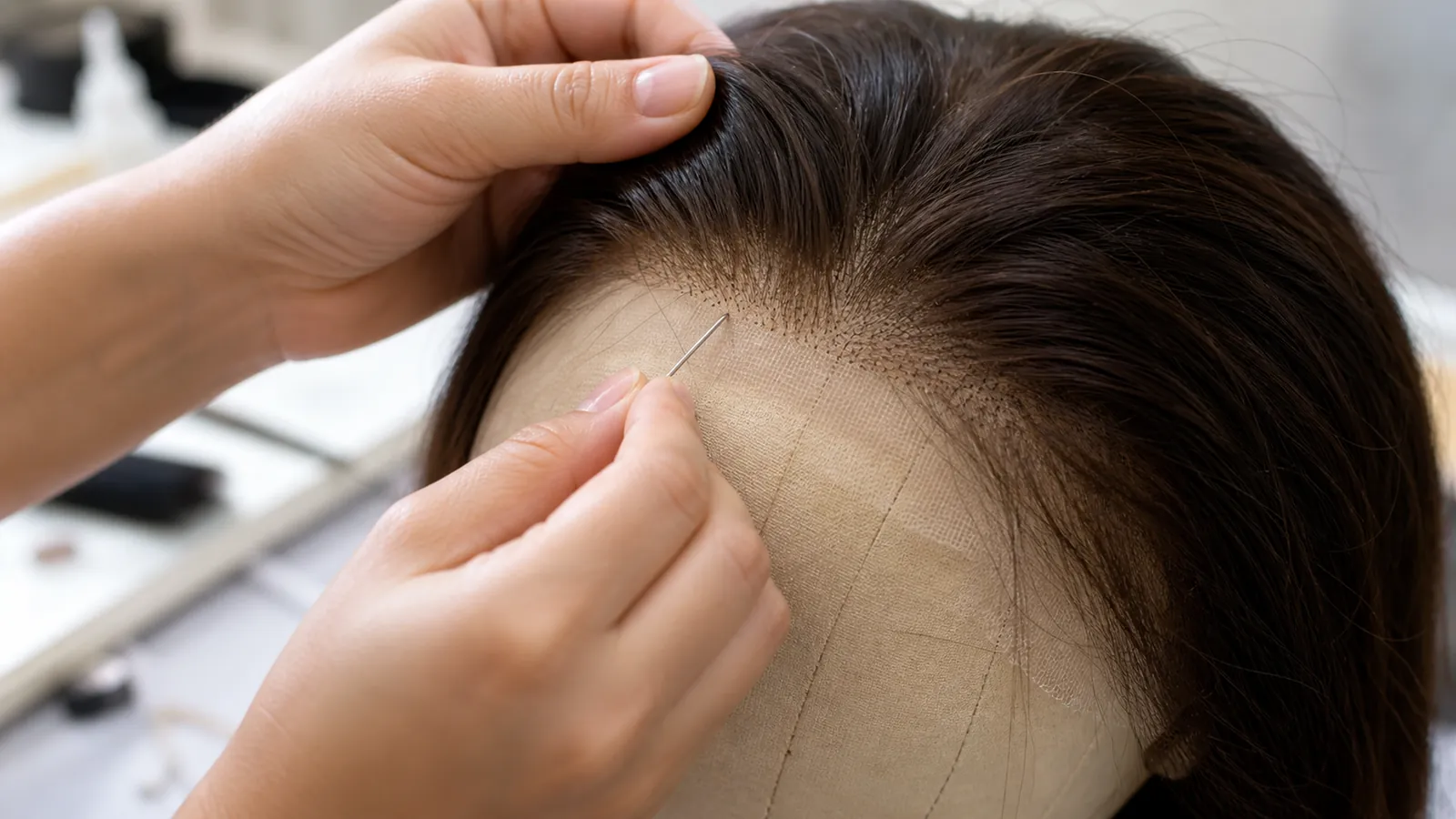 Illustrative construction reference of an artisan ventilating individual hair strands into a lace front panel