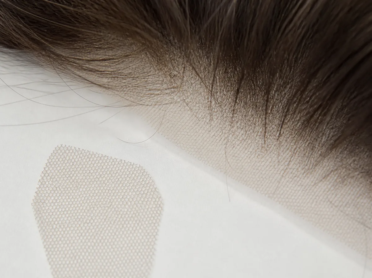Illustrative macro reference of plain fine wig lace mesh at a lace front hairline