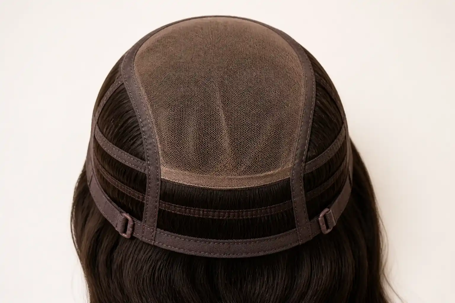 Inside view of a lace-top sheitel cap showing the translucent hand-tied lace panel across the crown parting zone