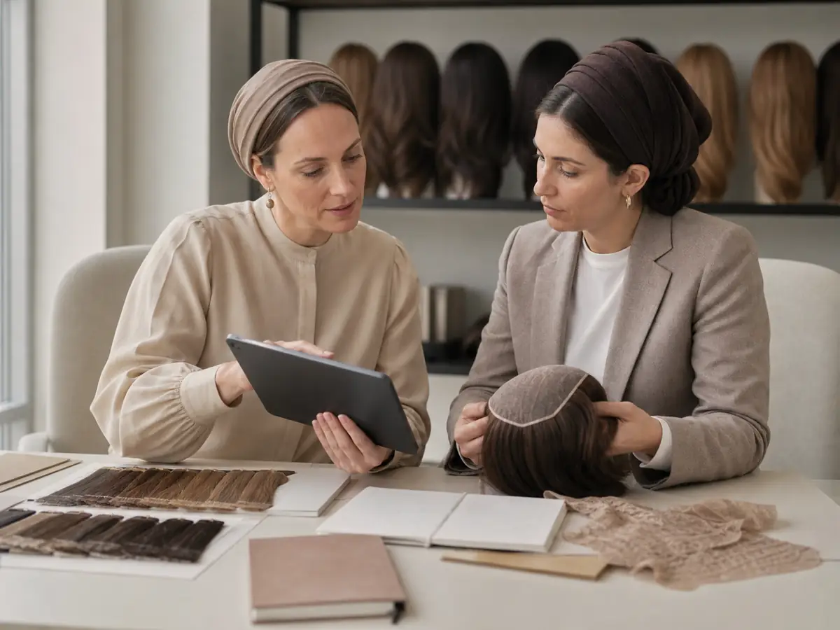 Buyer reviewing a lace-top sheitel brief against a finished reference crown during the inquiry step