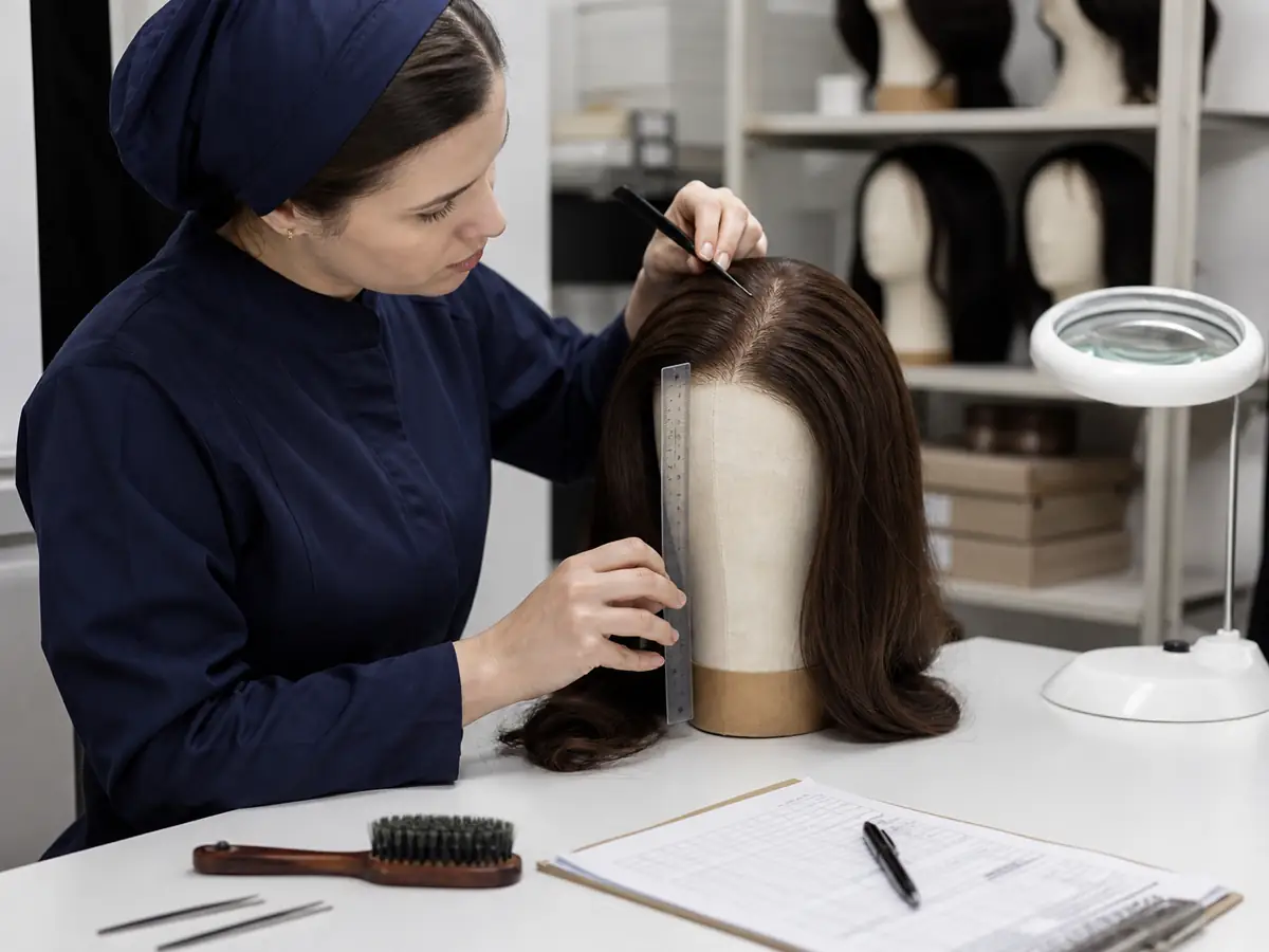 QC macro inspection of the bleached knots and crown parting on a finished lace-top sheitel