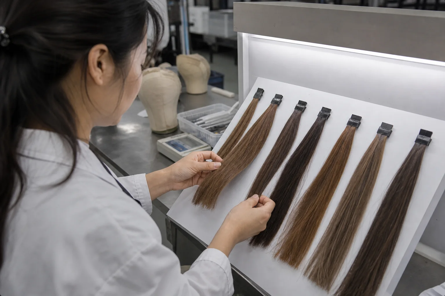 Colorist comparing hair swatches under D65 daylight for a bespoke commission