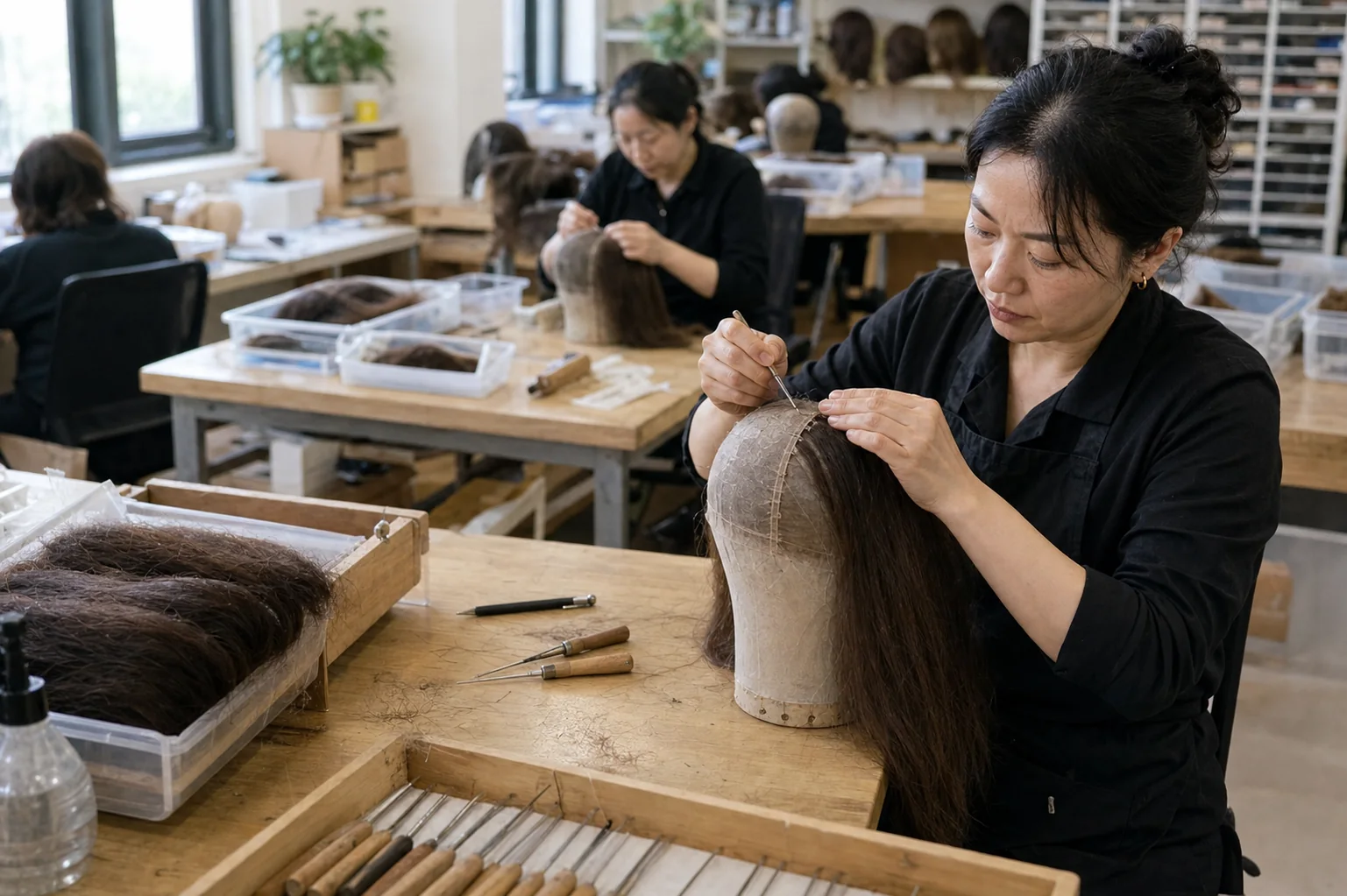 Wig maker hand-ventilating strands onto a bespoke sheitel cap at a tying bench