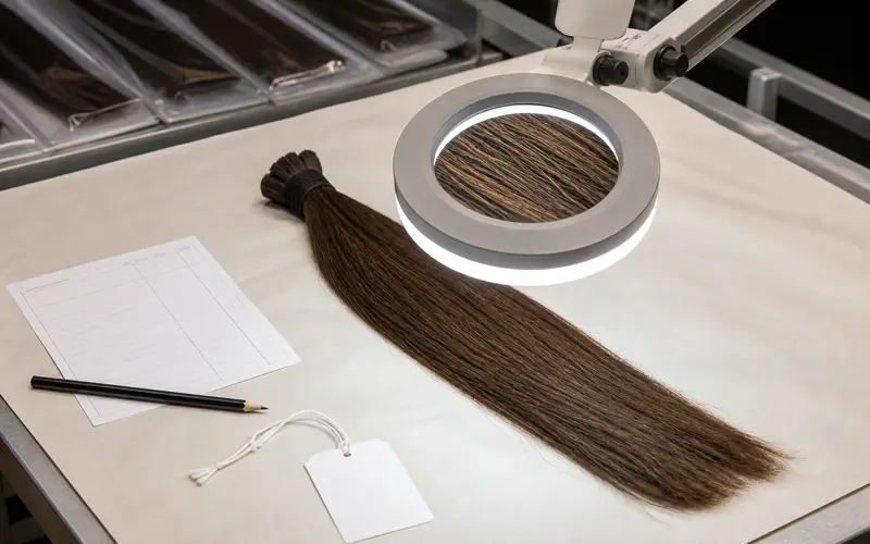 Hair tier inspection for lace top sheitel production showing a documented batch checked under magnification on a workshop bench
