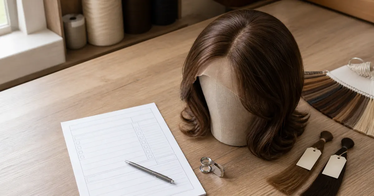 Wholesale buyer reviewing human hair quality specifications for lace top sheitels with color rings and a specification sheet on a workshop desk