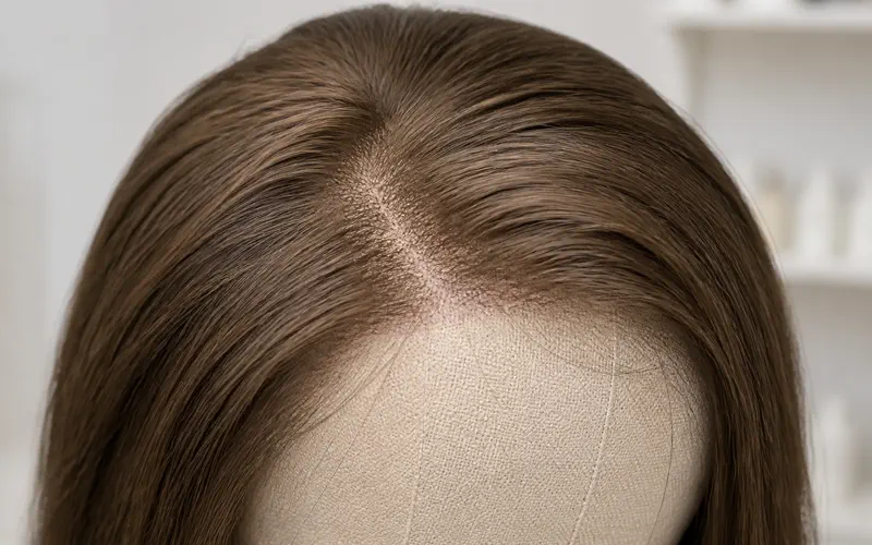 Lace top sheitel crown showing free-direction parting with specified density gradient from hairline through crown