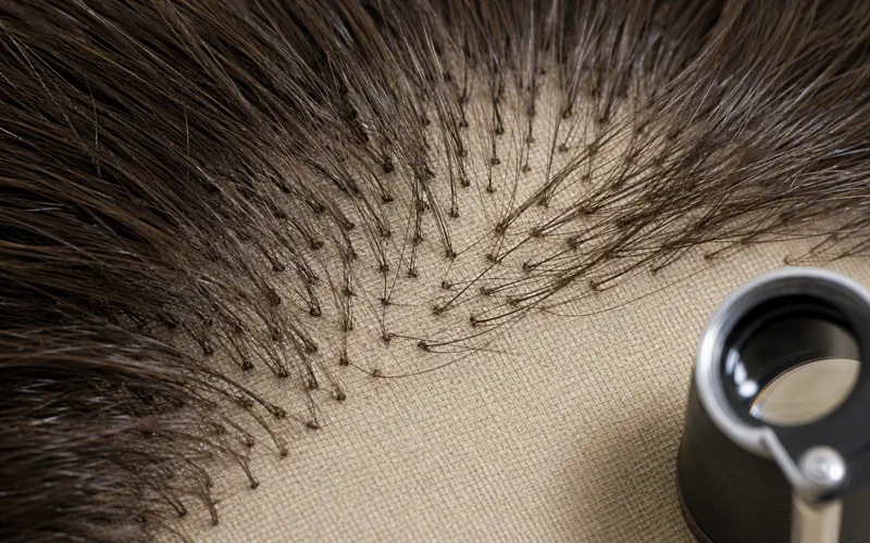 Macro close-up of a lace top sheitel sample showing hand-tied knot consistency and mesh integrity under inspection light