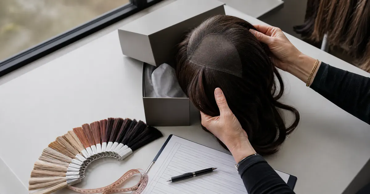 Wholesale buyer evaluating a lace top sheitel sample under neutral daylight with a written inspection record on the desk