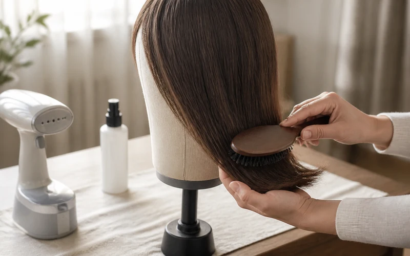 Hands brushing a sheitel ends-first on a canvas stand at a bright workbench with a steamer beside it
