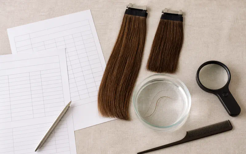 Specification documents, color rings, and a magnifier arranged for verifying processed and unprocessed hair claims on a lace top sheitel order