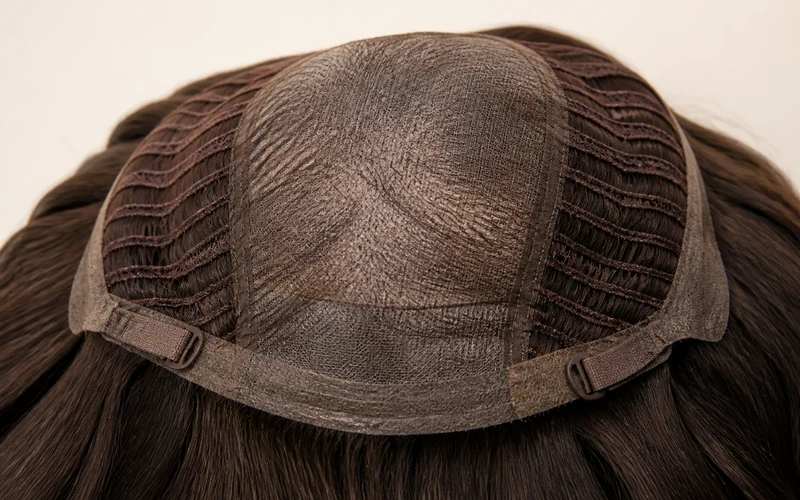 Underside of a sheitel cap showing hand-tied lace top, wefted sides, and adjustable perimeter construction