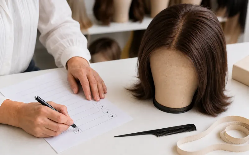 Boutique owner writing a lace top sheitel sample approval record with measured findings and decision columns at a workstation