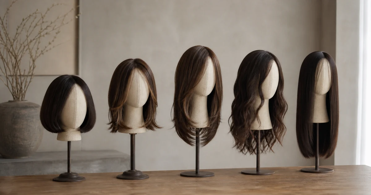 Row of sheitels in different cut styles from bob to long layered displayed on canvas stands