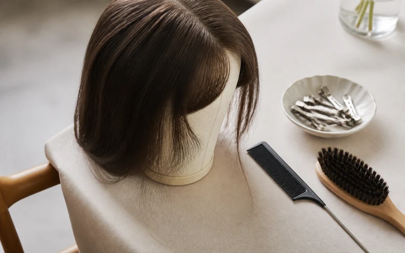 Styling workbench with sheitel on a canvas block, cutting comb, and reference styling tools arranged in daylight