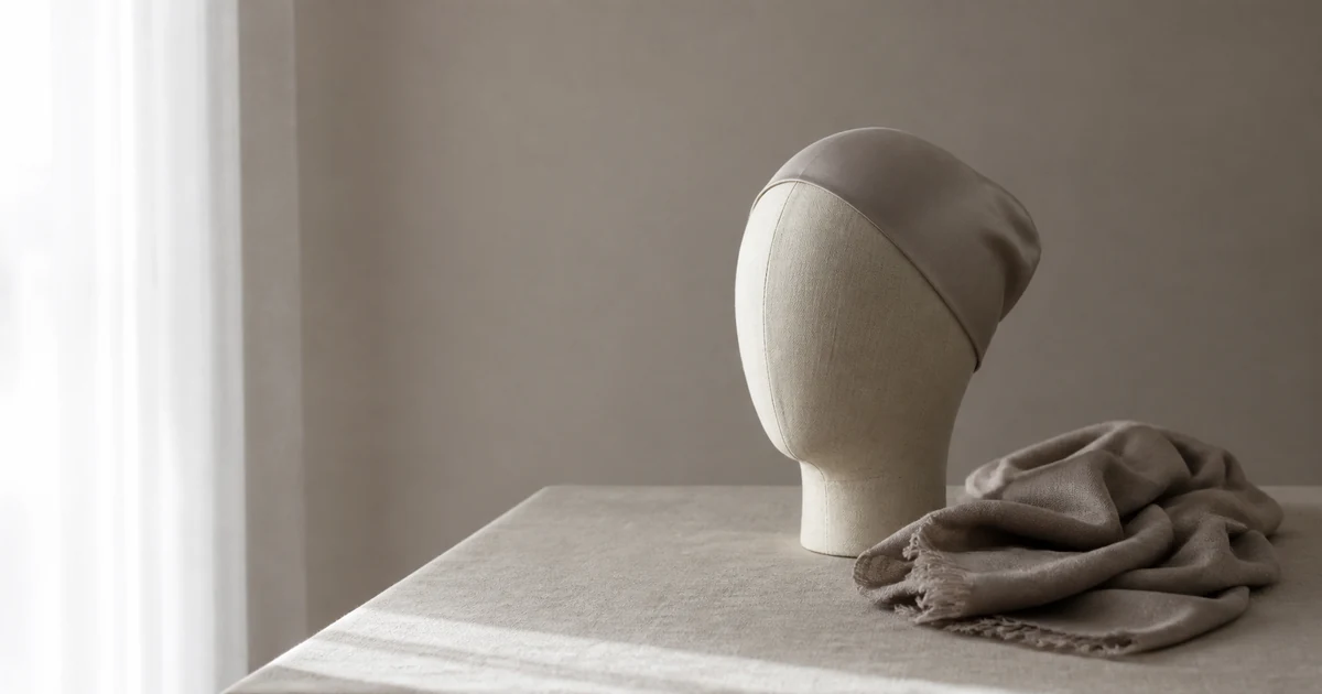 Shpitzel band-style partial head covering displayed on a canvas stand beside a folded headscarf