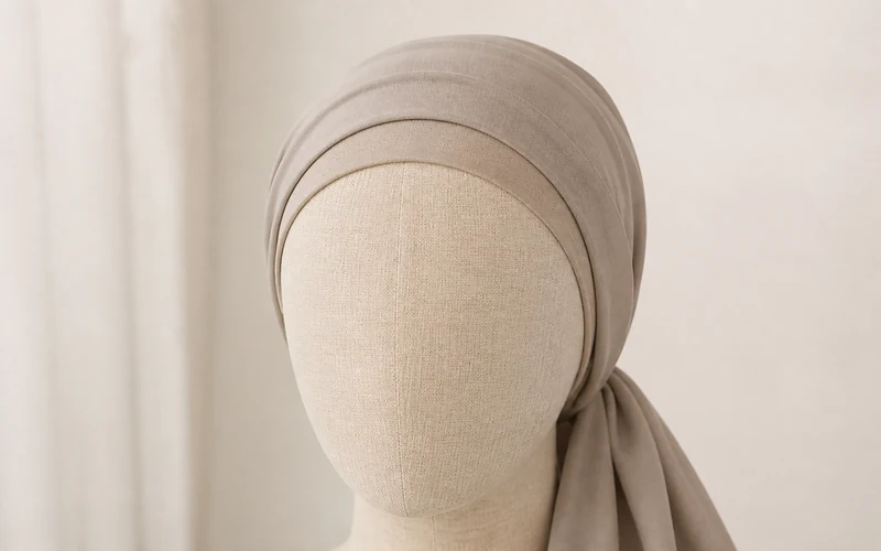 Mannequin head showing a shpitzel band layered under a tied headscarf with the front edge reading clean