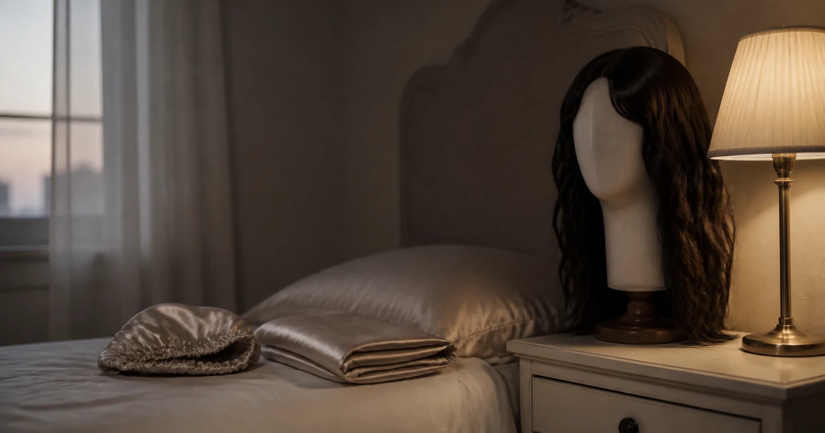 Bedside scene with a sheitel resting upright on a canvas stand beside a satin pillowcase in soft evening light