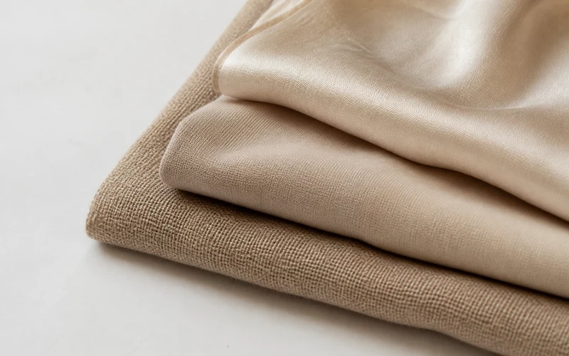 Close-up of folded tichel scarves in cotton modal and silk weave textures stacked on a warm surface
