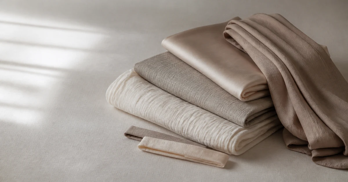 Folded tichel and mitpachat headscarves in neutral fabrics arranged beside tying bands on a warm surface