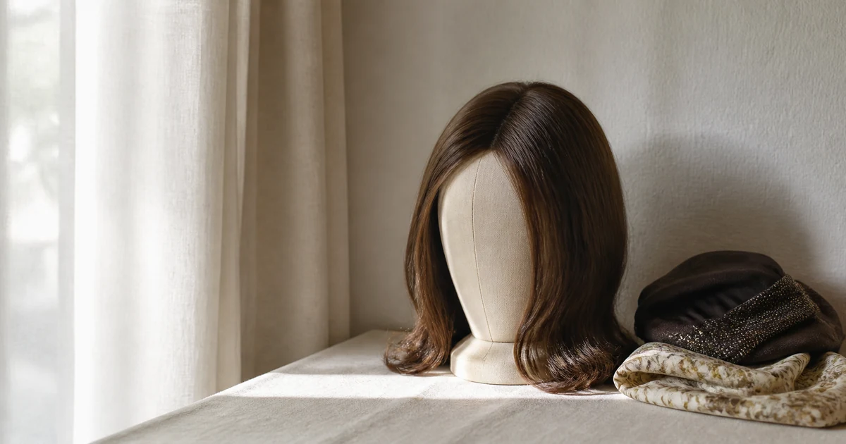 European human hair sheitel on a canvas display stand beside Yiddish textile head coverings in soft daylight