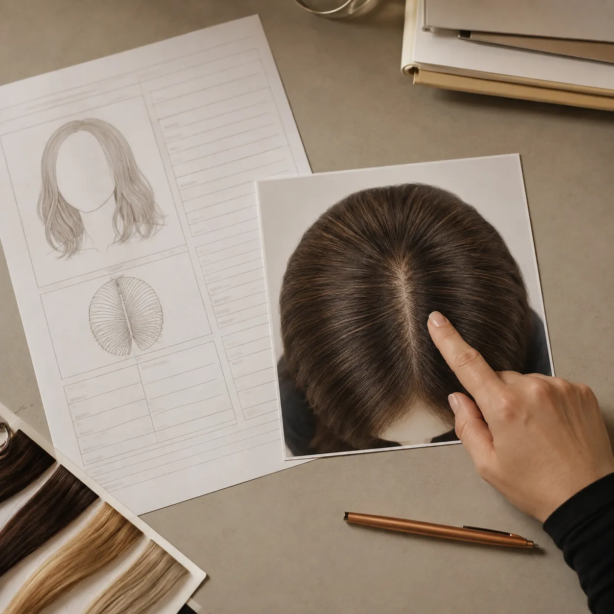 Buyer reviewing a sheitel brief beside reference images at a clean desk