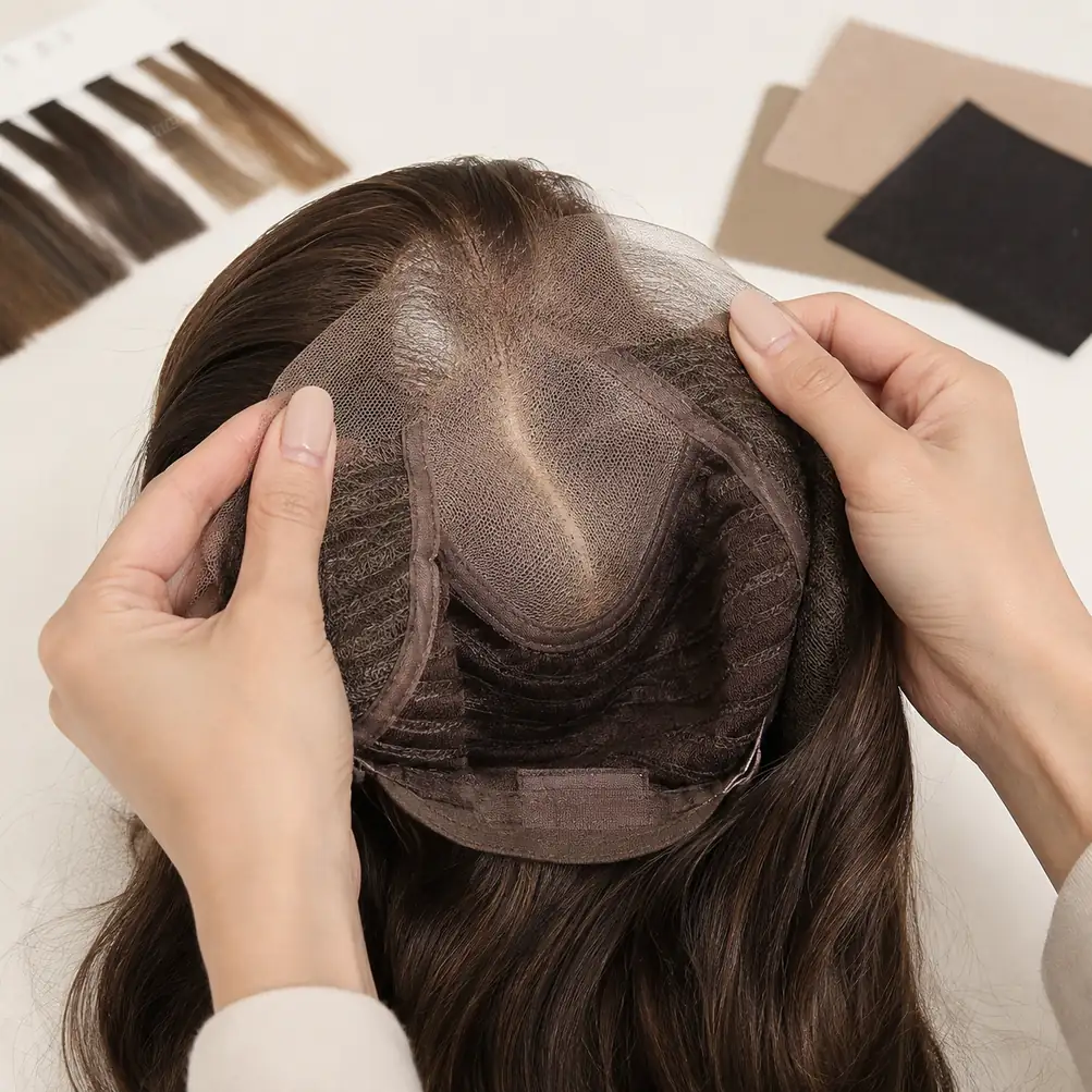 Hands reviewing a sheitel sample during specification confirmation