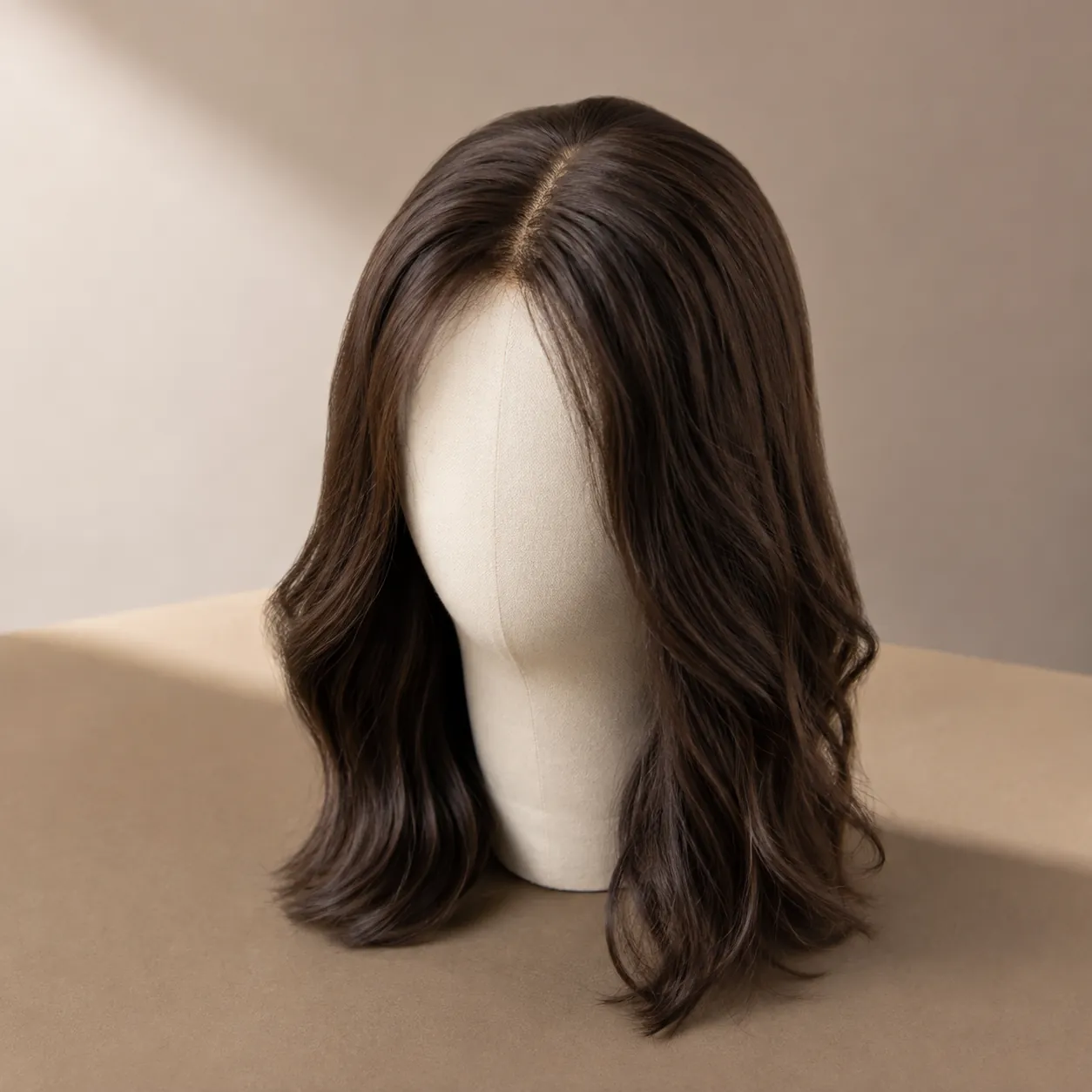 Sheitel sample displayed on a neutral form for close review