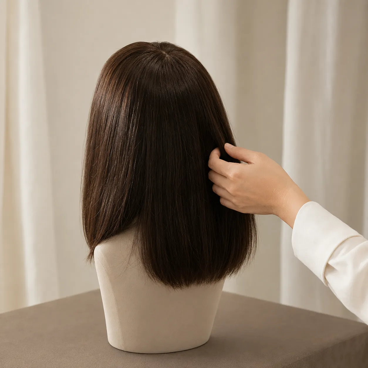 Professional reviewing a finished sheitel silhouette before approval