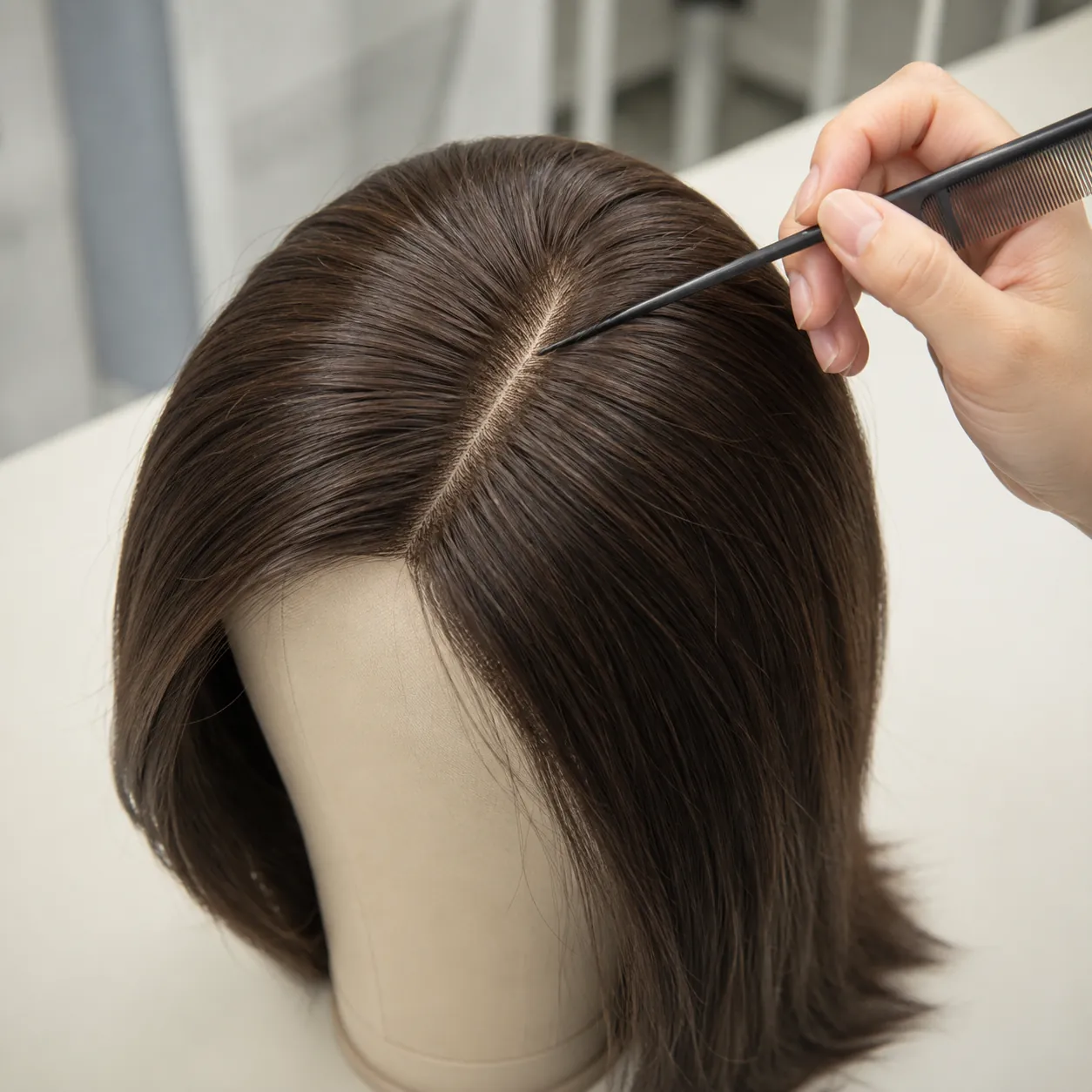 Technician checking a finished brunette sheitel during quality control