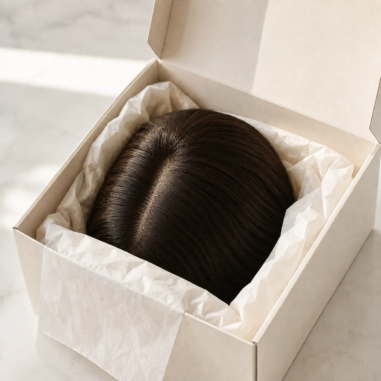 Finished sheitel protected inside understated packaging for shipping handoff