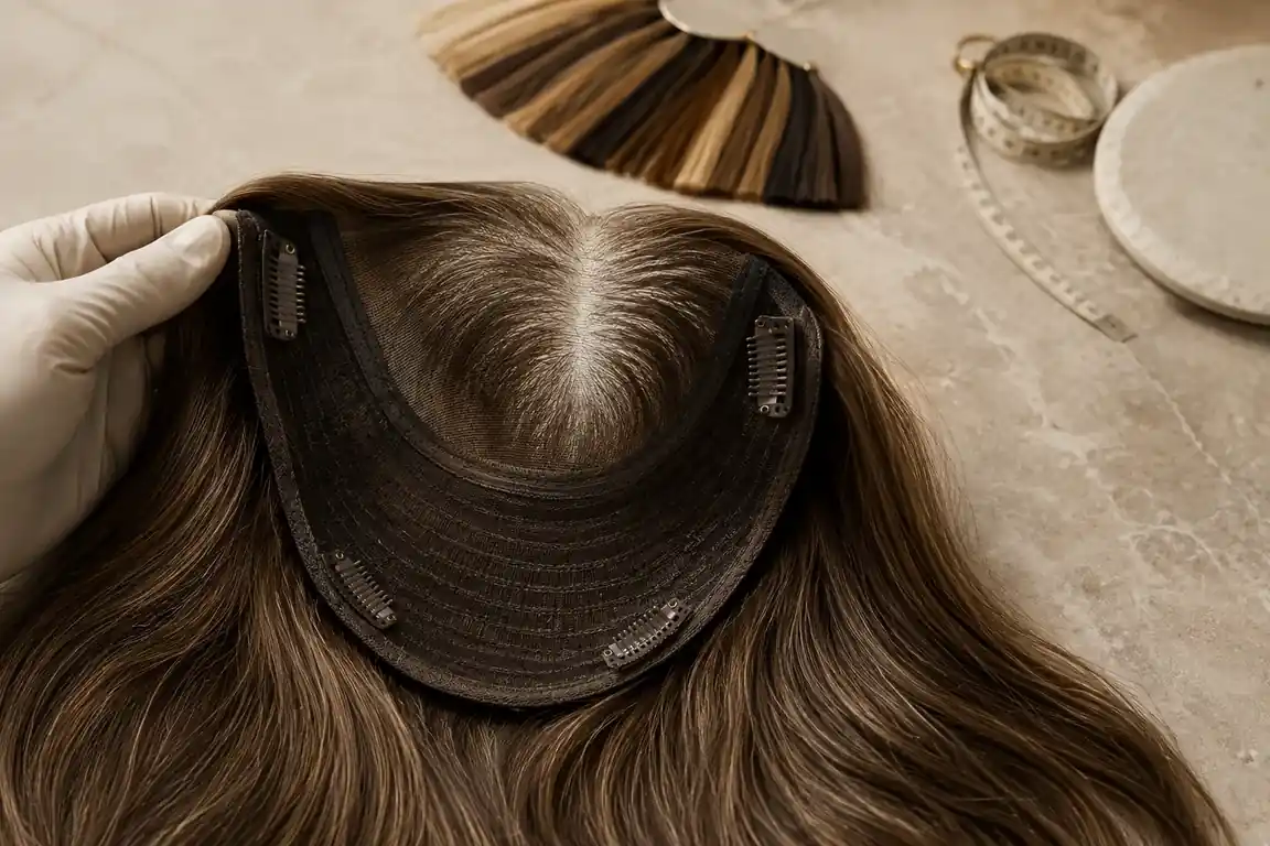 Close view of a silk top hair topper construction prepared for a professional sourcing brief