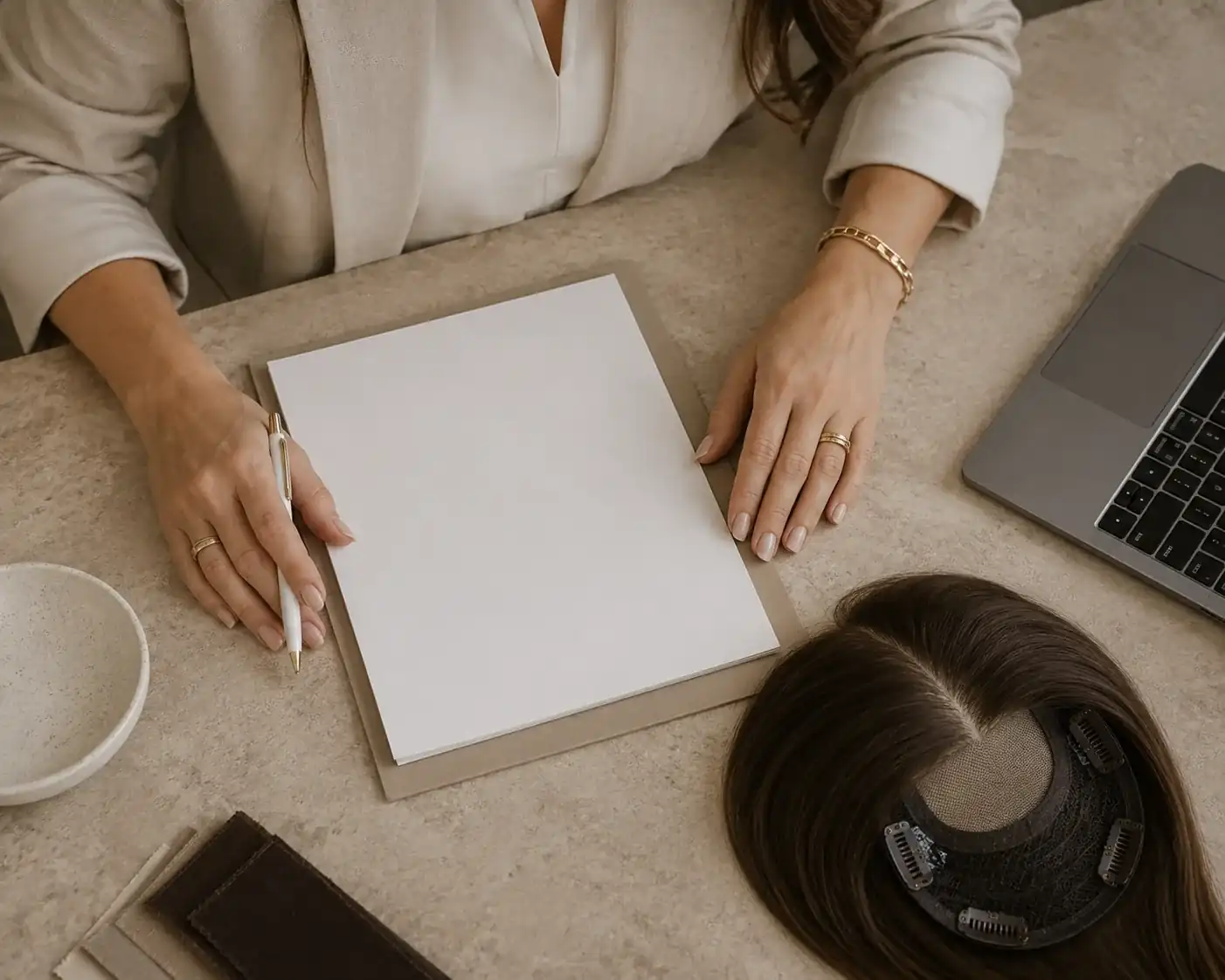 Stylist composing an inquiry message on a laptop
