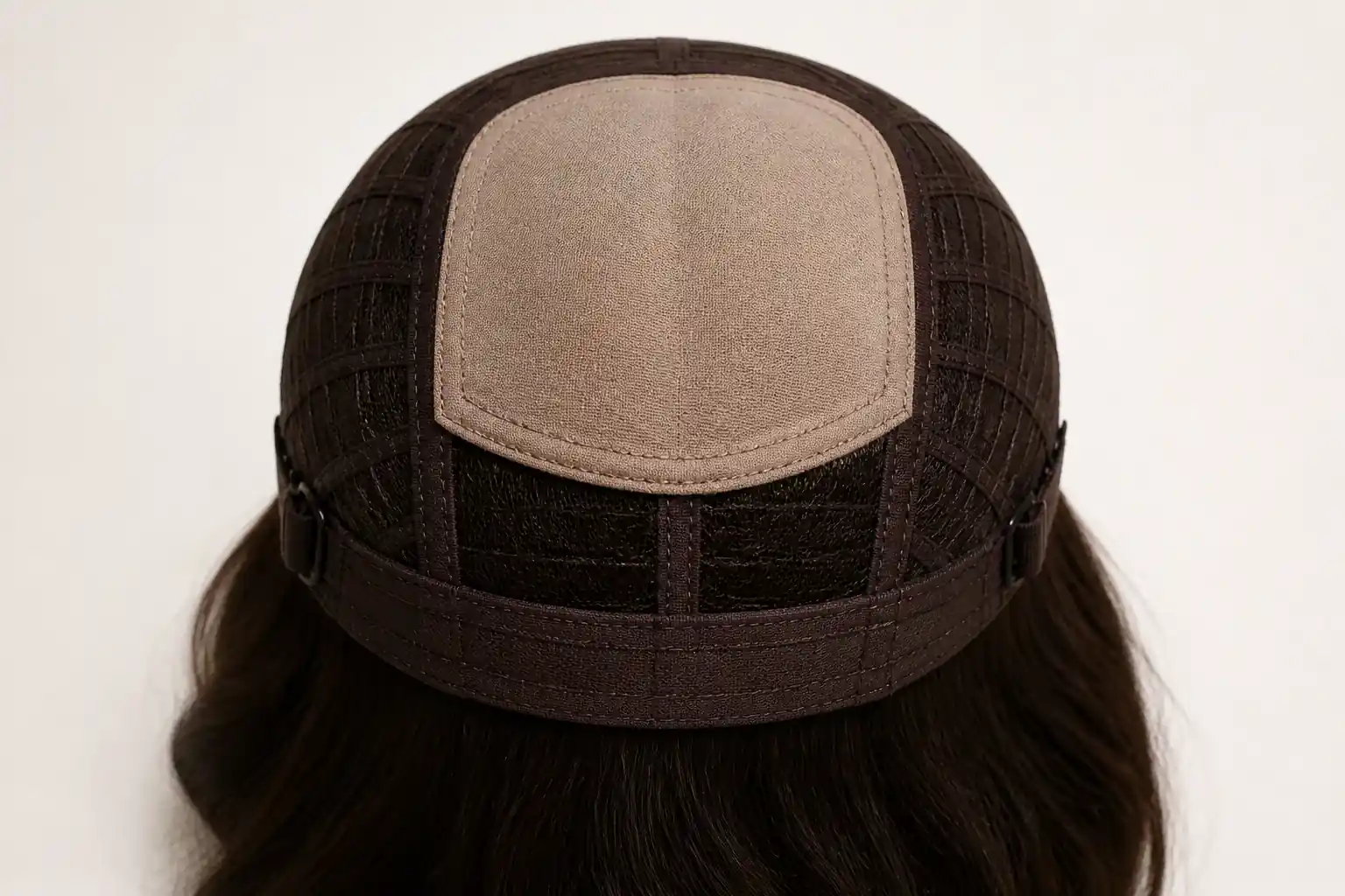 Inside view of a silk-top sheitel cap showing the opaque skin-toned silk panel across the crown with concealed knots