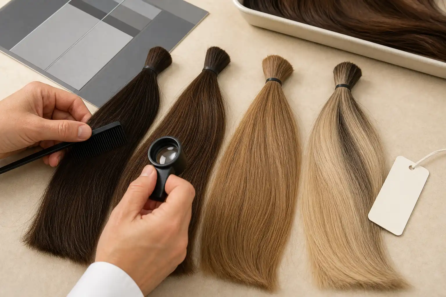 Illustrative material evaluation of four human-hair swatches using a fine comb, magnifier and neutral color card