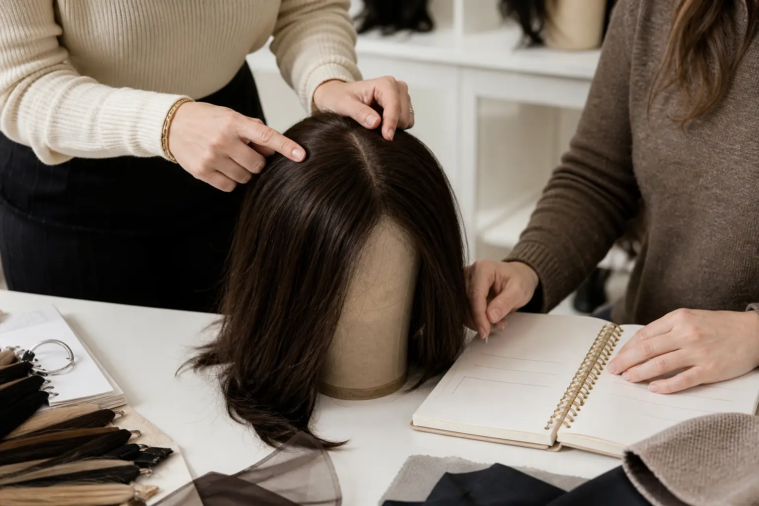 Illustrative inquiry review with a finished brunette sheitel, hair swatches and a buyer brief