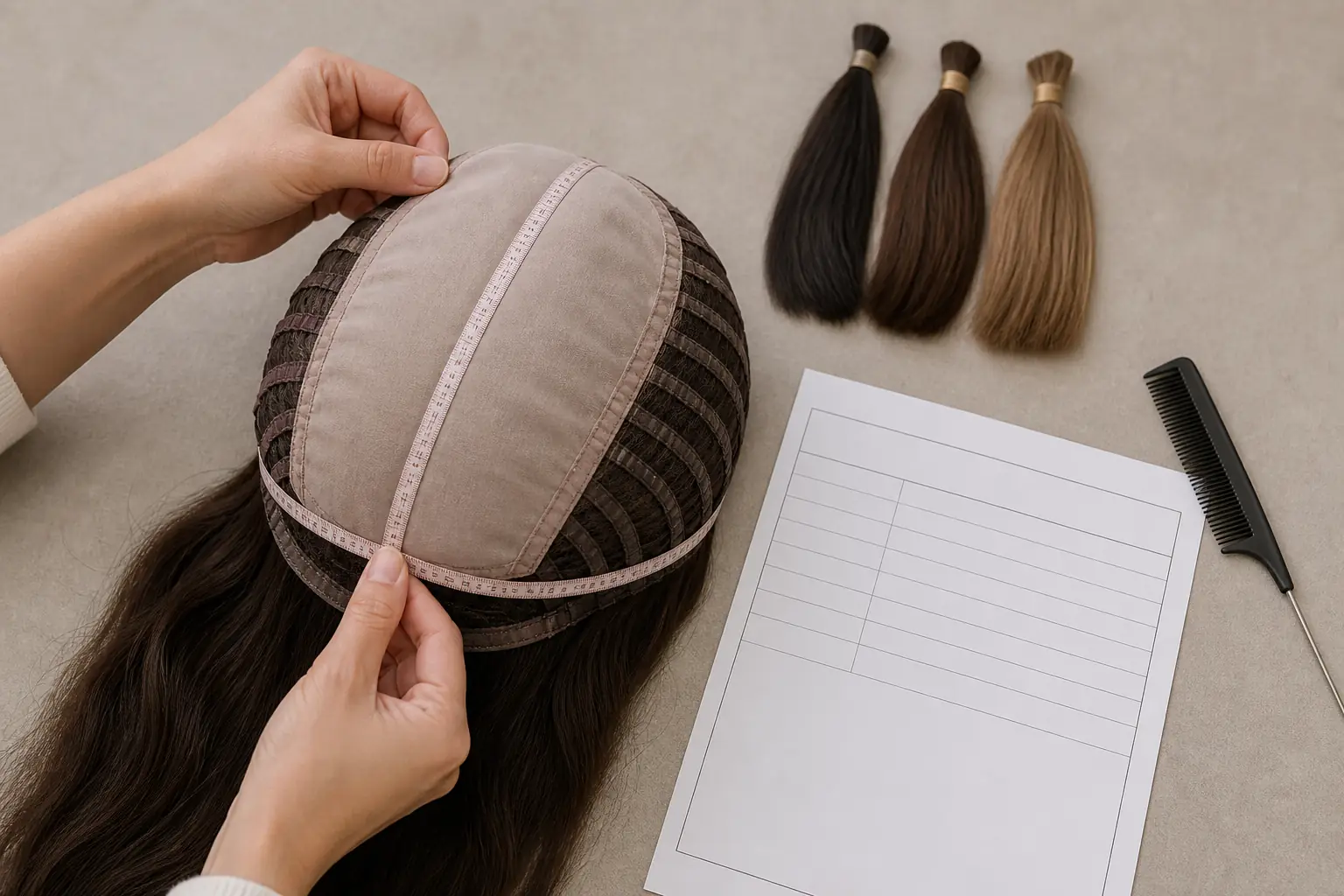 Illustrative specification review measuring the opaque crown panel and cap perimeter beside hair color swatches