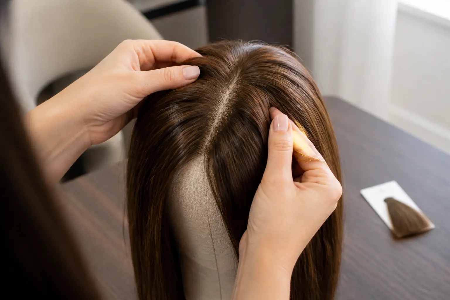 Illustrative sample evaluation of the scalp-like part on a brunette silk-top sheitel