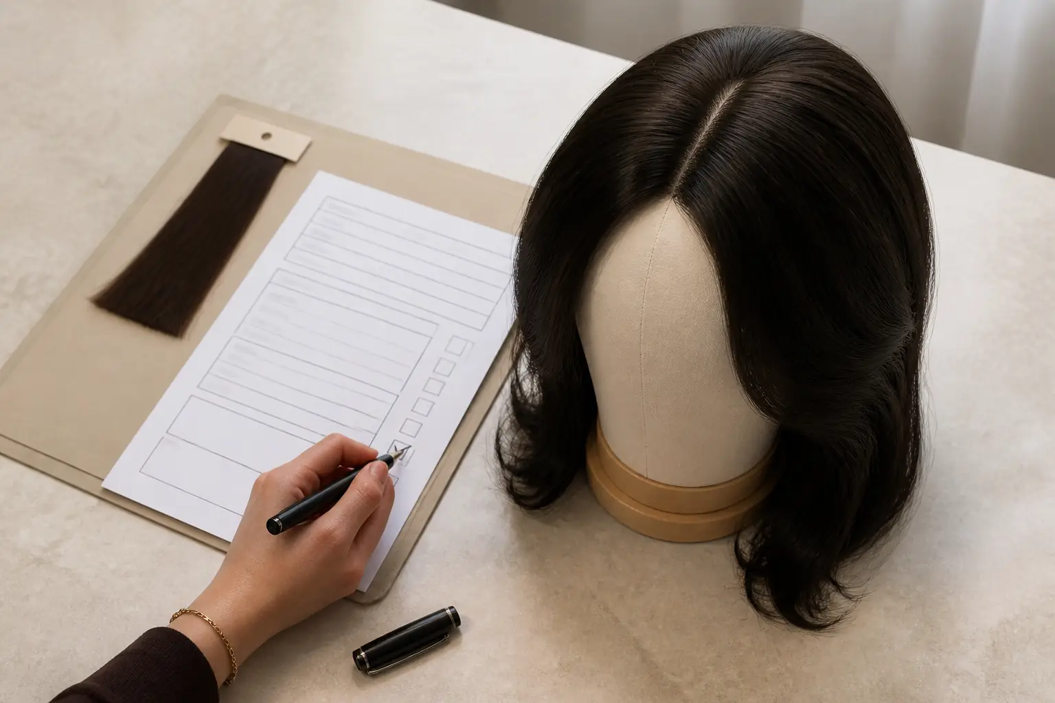 Illustrative final approval review of a finished sheitel beside an unbranded specification sheet
