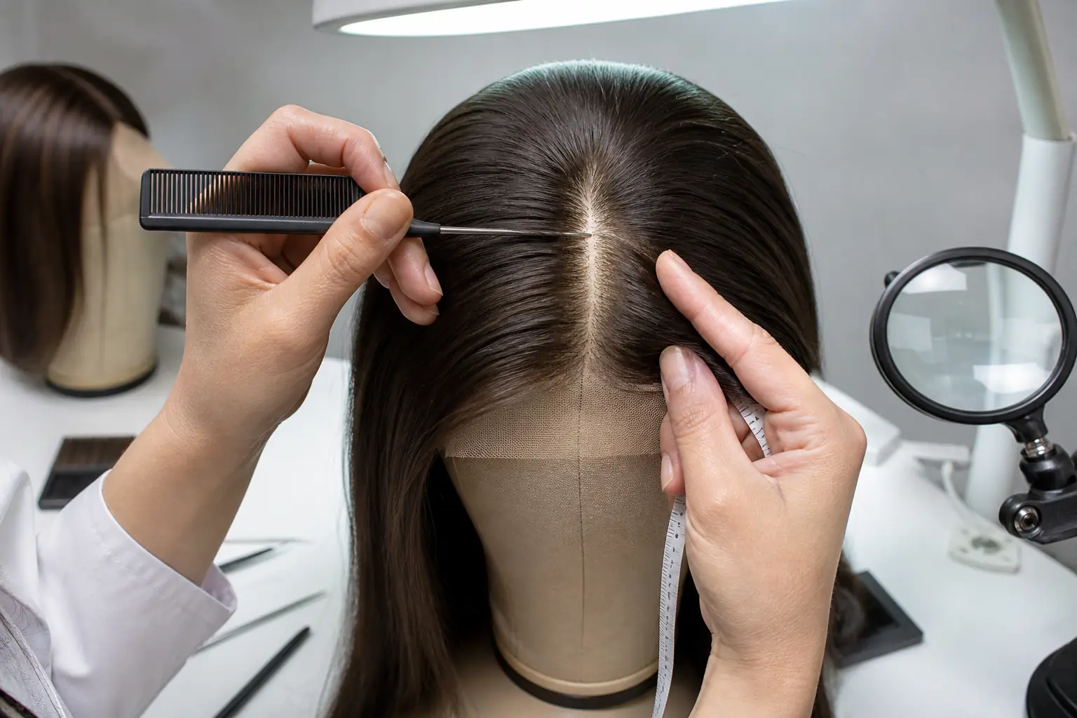 Illustrative quality inspection of a finished silk-top center part under a task lamp with a tail comb and measuring tape