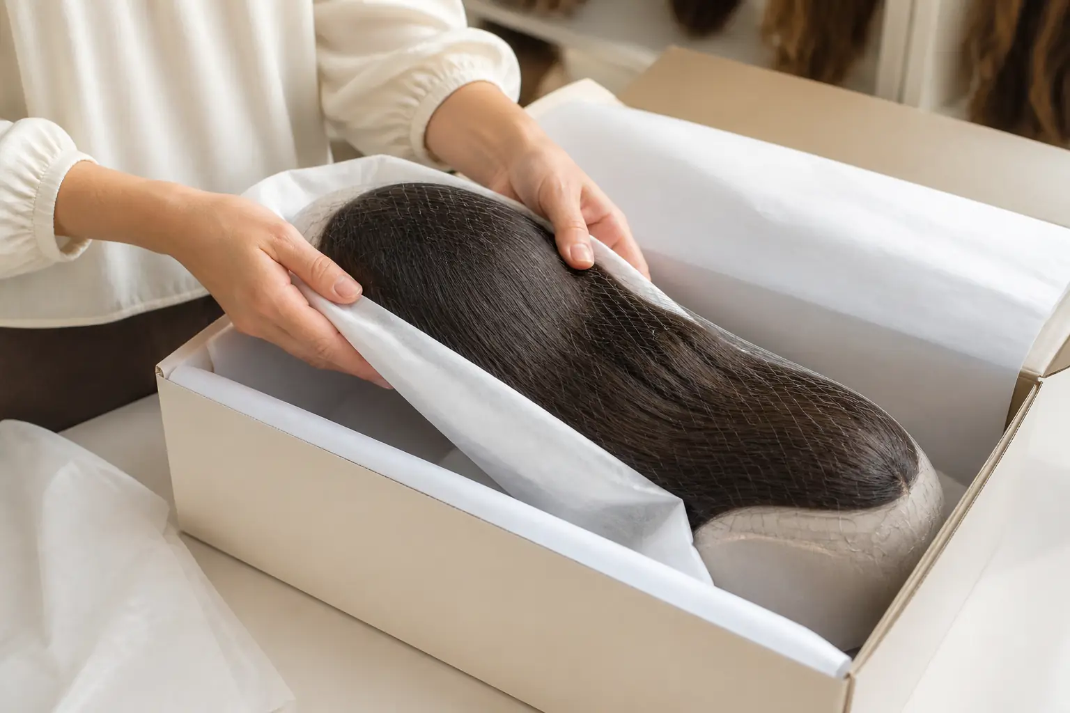 Illustrative packing of a finished brunette sheitel in a protective hair net, tissue and unbranded shipping box