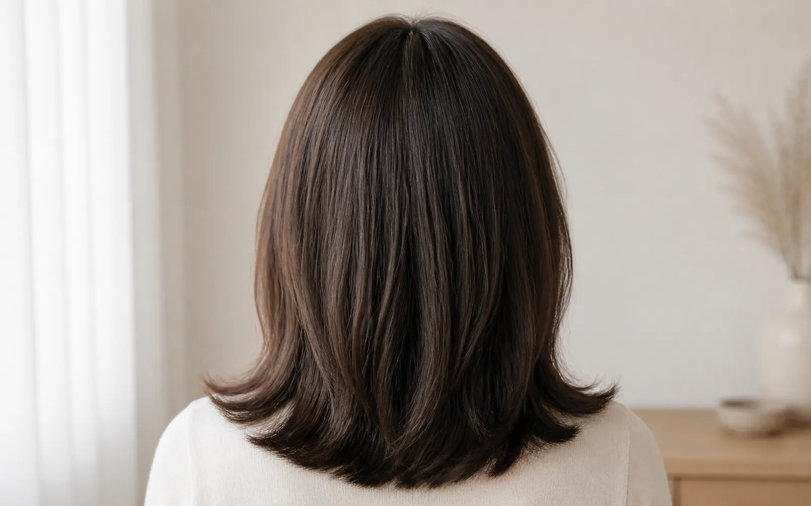 Back view showing the natural density and fall of a brunette silk top wig