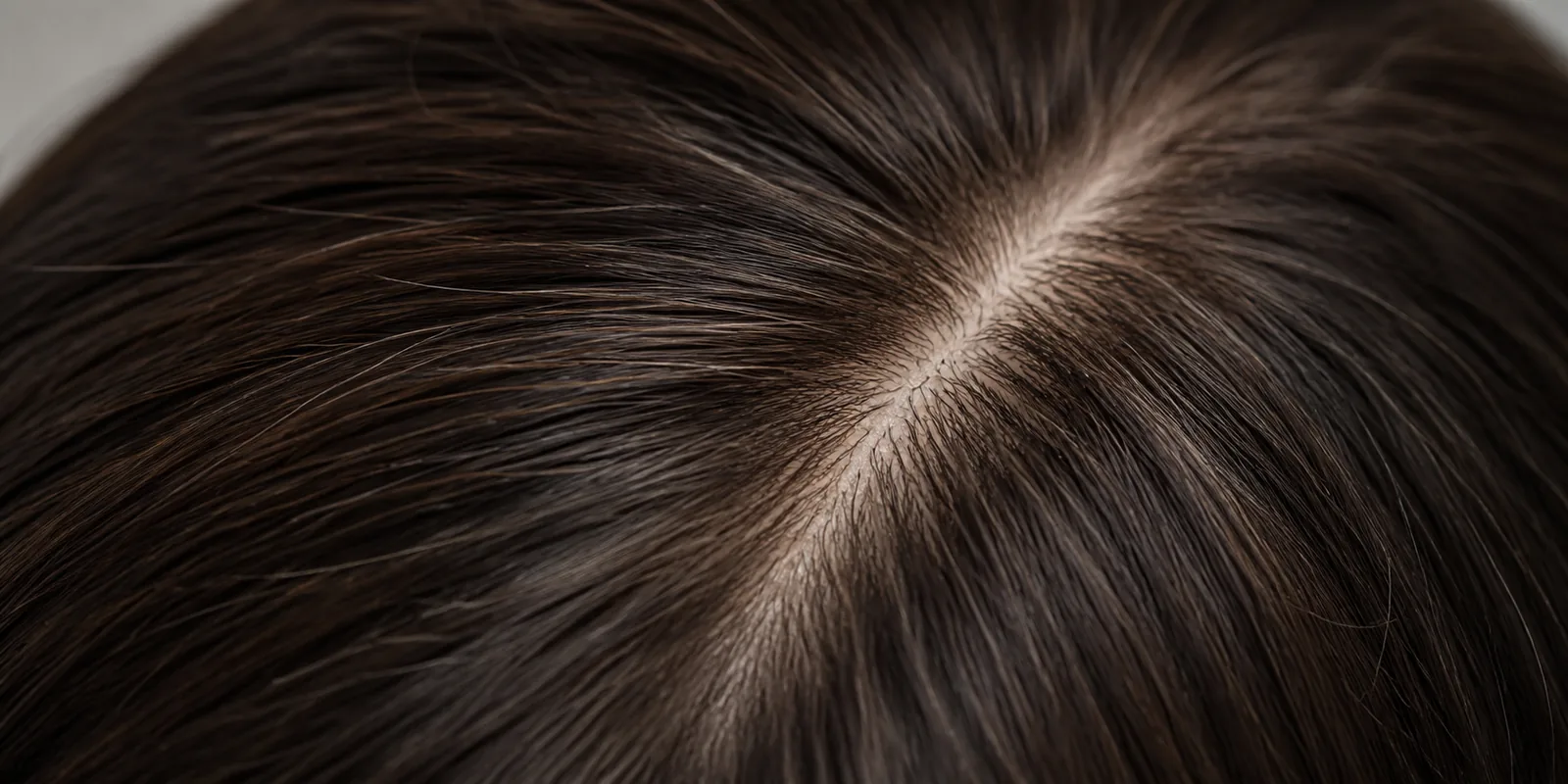 Close view of the concealed-knot parting on a brunette silk top wig