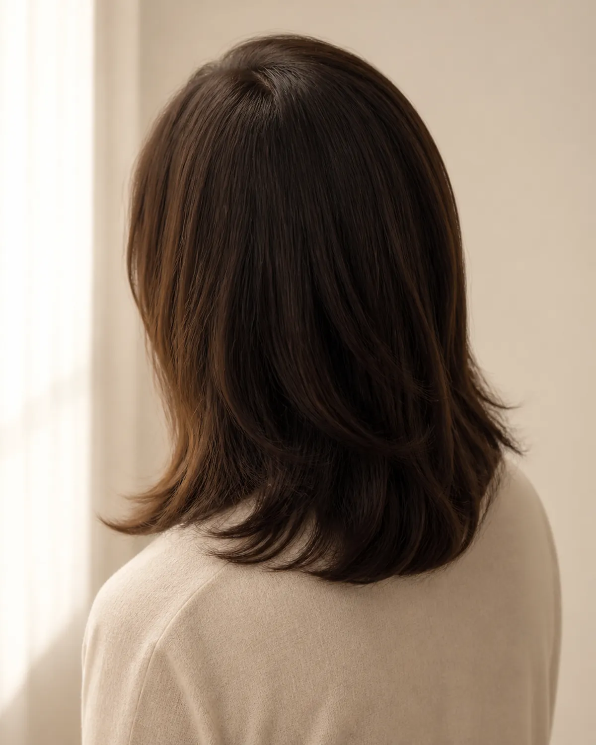 Woman wearing a shoulder-length brunette silk top sheitel beside the inquiry form