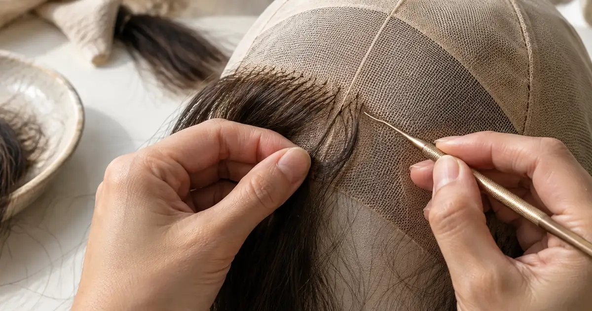 Illustrative close-up of hand ventilation with a ventilating hook on a sheitel cap base