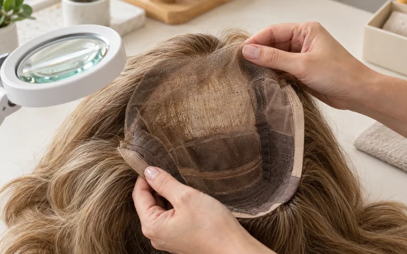 Illustrative buyer inspection of the inside of a wig cap, showing mesh zones and seams