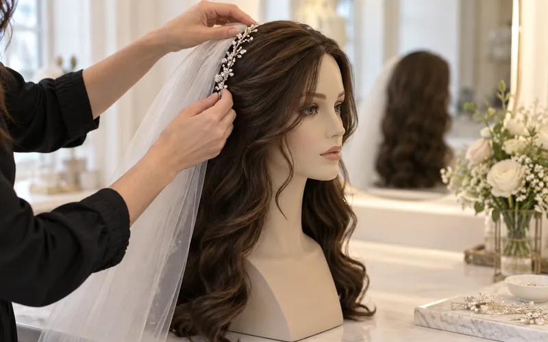 Illustrative fitting setup: sheitel and headpiece placement checked on a display head in a salon